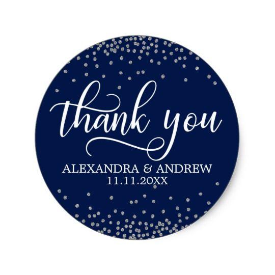 Round Blue and Silver Logo - Custom Navy Blue Silver Confetti Wedding Thank You Classic Round