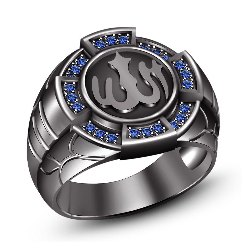 Round Blue and Silver Logo - New Round Blue Sapphire Islamic Allah Men's Ring In Platinum Plated