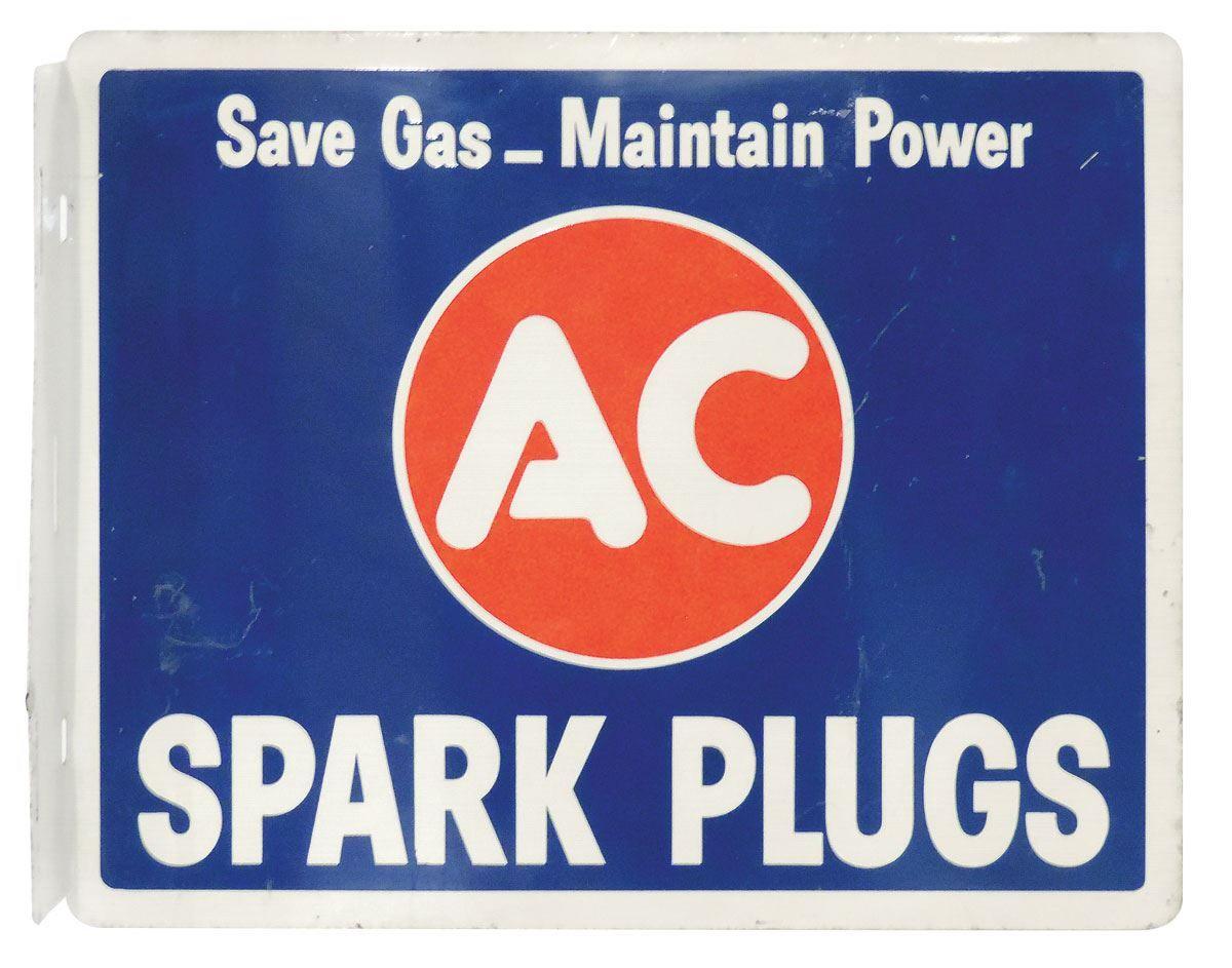 AC Spark Plug Logo - Petroliana, sign, AC Spark Plugs, metal 2-sided flange, Exc cond w ...