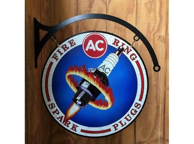 AC Spark Plug Logo - AC Fire Ring Spark Plugs round and hanger tin metal sign
