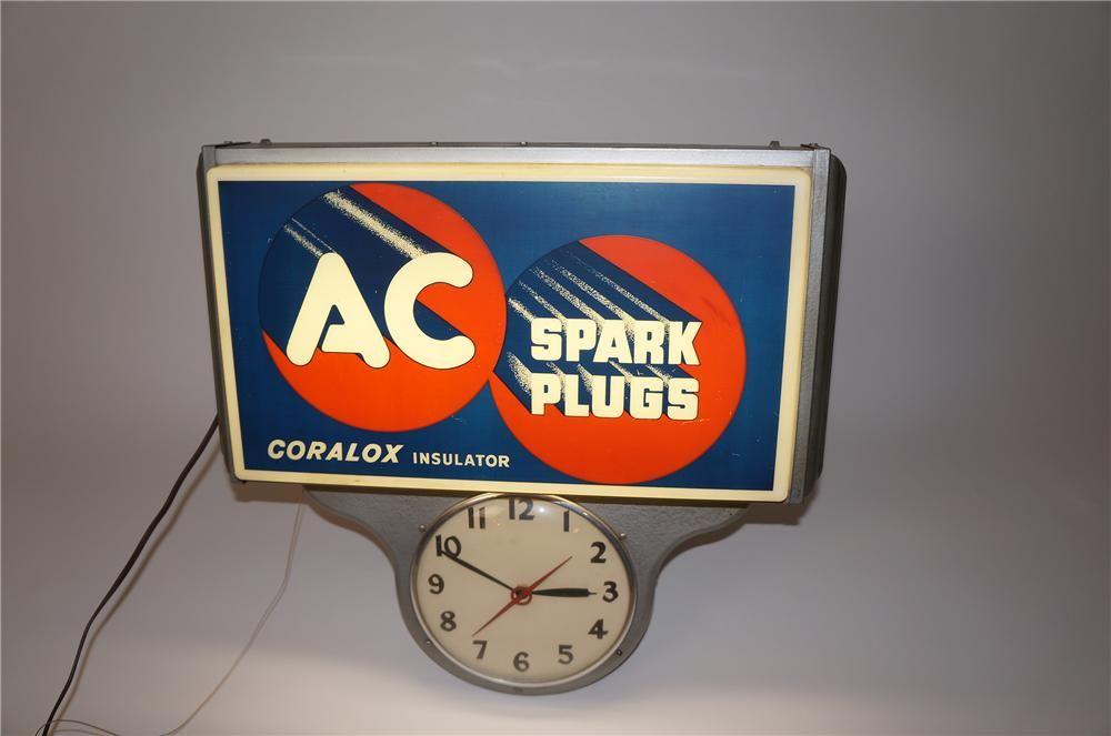 AC Spark Plug Logo - Sharp 1950s AC Spark Plugs light-up automotive garage clock.