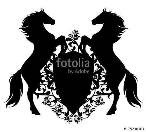 Horse Shield Logo - horses with shield among rose flowers - black animals with heraldic ...