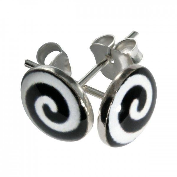 Black and White Spiral Logo - Black/White Spiral Logo 925 Sterling Silver Earrings Ear Pair Studs