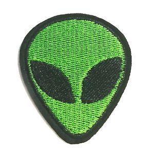 Grey Alien Logo - Grey Alien Face Iron On Patch Sewn Sew Embroidered Green Head