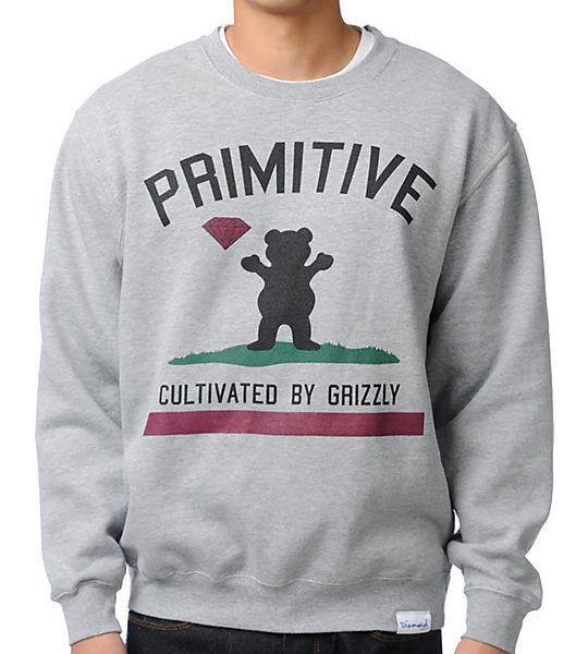 Primitive Grizzly Diamond Logo - DIAMOND x GRIZZLY x PRIMITIVE CULTIVATED Grey Crew Neck ...
