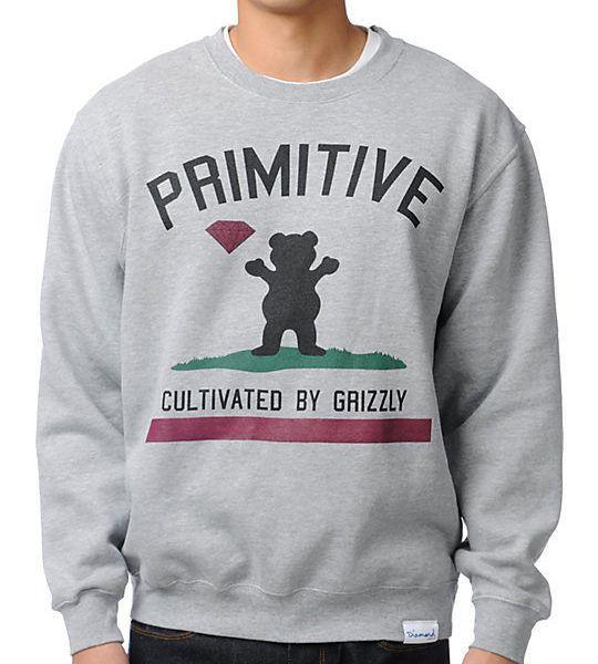 Primitive Diamond Logo - DIAMOND x GRIZZLY x PRIMITIVE CULTIVATED Grey Crew Neck