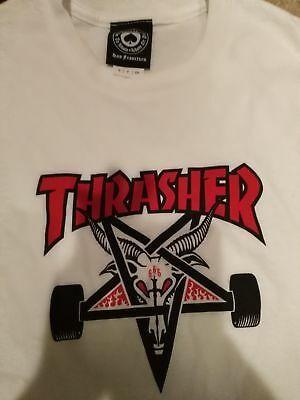 Thrasher Satanic Logo - THRASHER SKATEBOARD MAGAZINE T Shirt Men's L Large White And Sticker