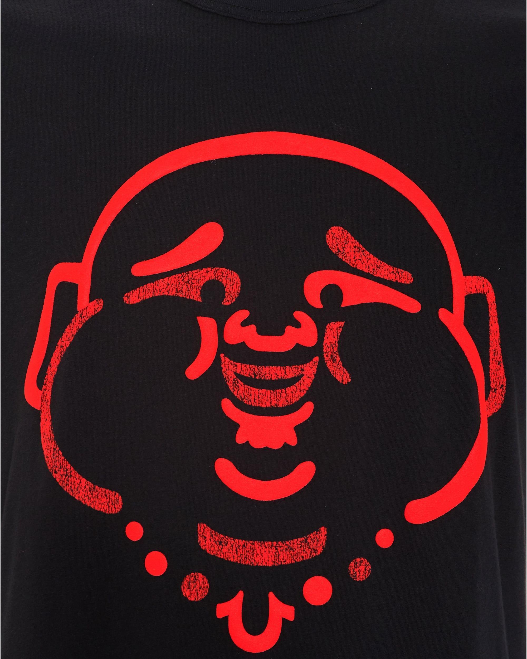 Red True Religion Logo - True Religion Jeans Mens Script T-Shirt, Buddha Face Black Tee