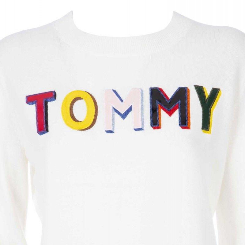 Cream Colored Logo - Tommy Hilfiger - White pullover with colored logo on Arteni Shop