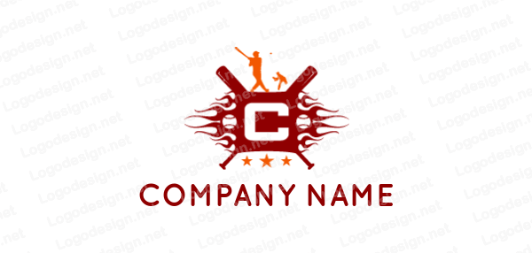Crossed C Logo - letter C in fiery baseballs with crossed bats and players. Logo