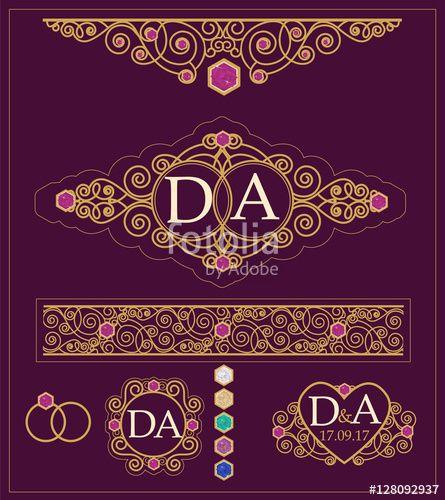 Gold Monogram Wedding Logo - Set of wedding invitation vintage decorative design elements