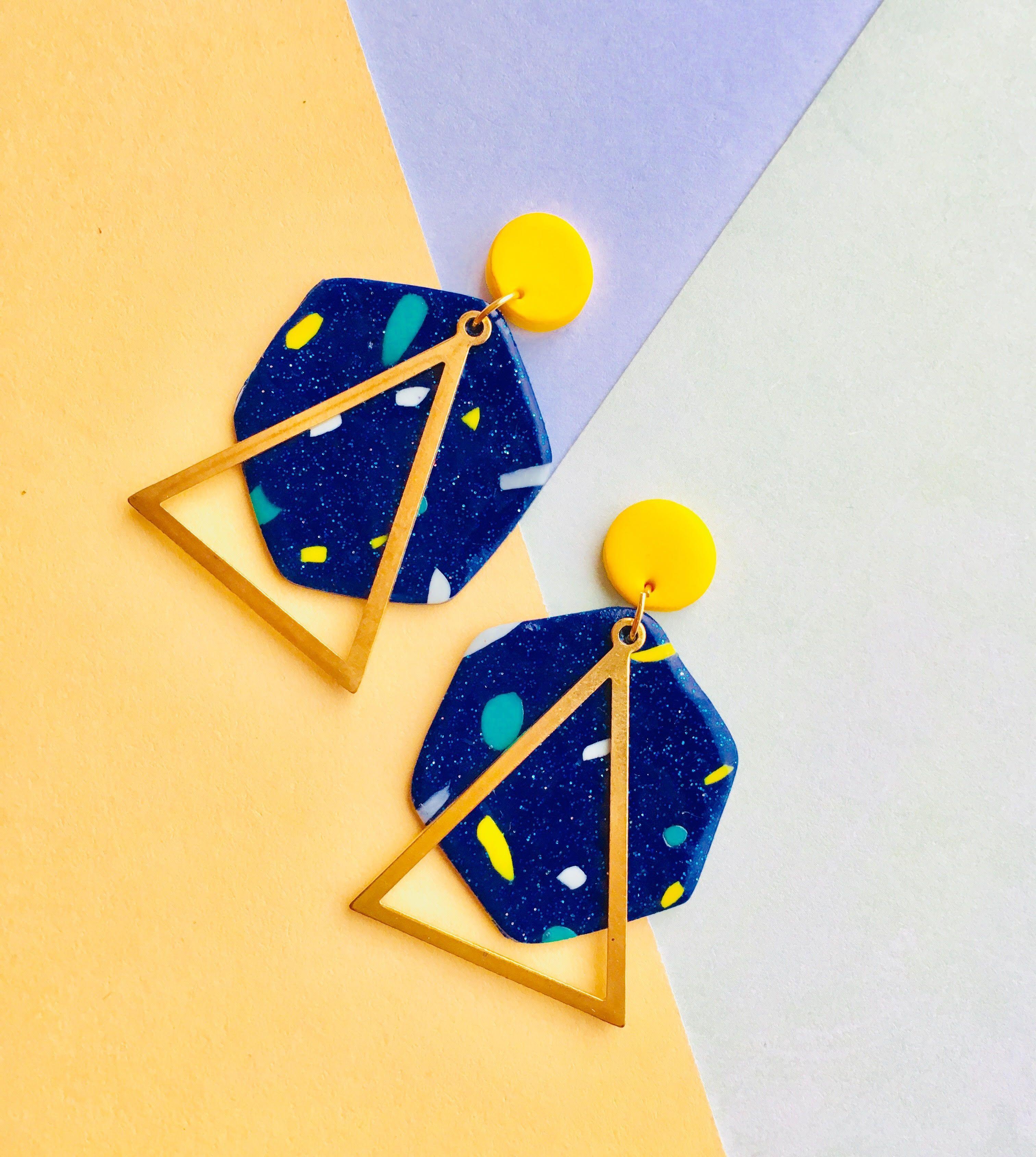 Gold Blue Green Triangle Logo - Statement Geometric Earrings. Handmade. Unique. Hexagon. Triangle ...