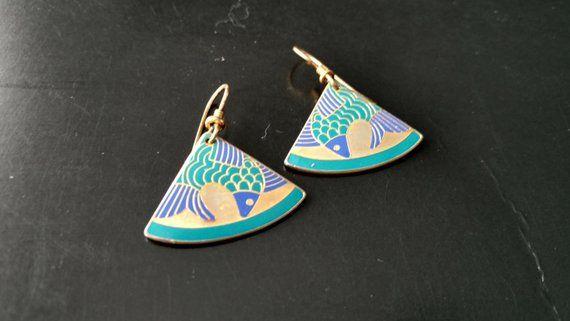 Gold Blue Green Triangle Logo - Vintage Laurel Burch Carp Fish Enamel Earrings Pierced Dangle | Etsy
