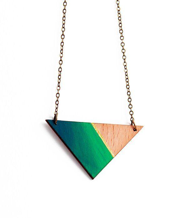 Gold Blue Green Triangle Logo - Geometric triangle wooden necklace natural wood gold | Etsy