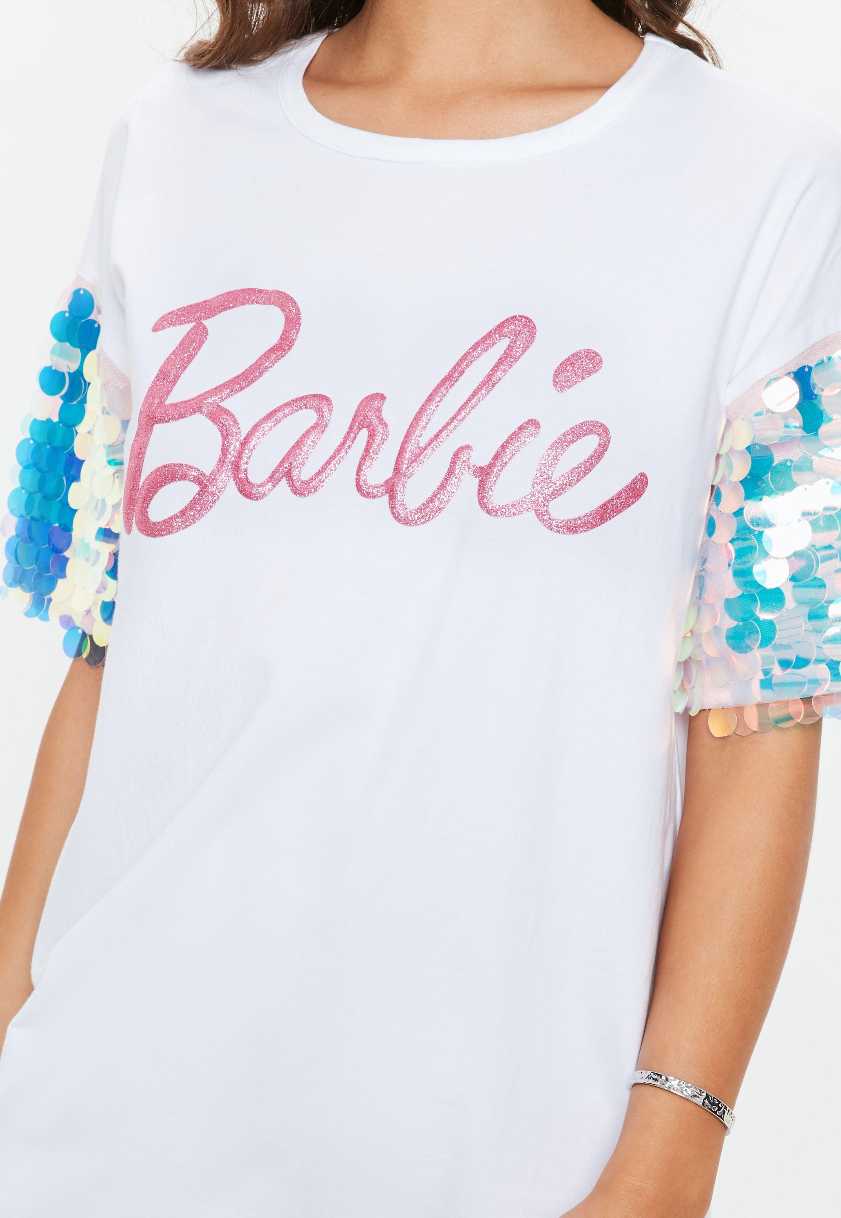Barbie Glitter Logo - Missguided Barbie X White Glitter Logo Sequin Sleeve T Shirt Dress