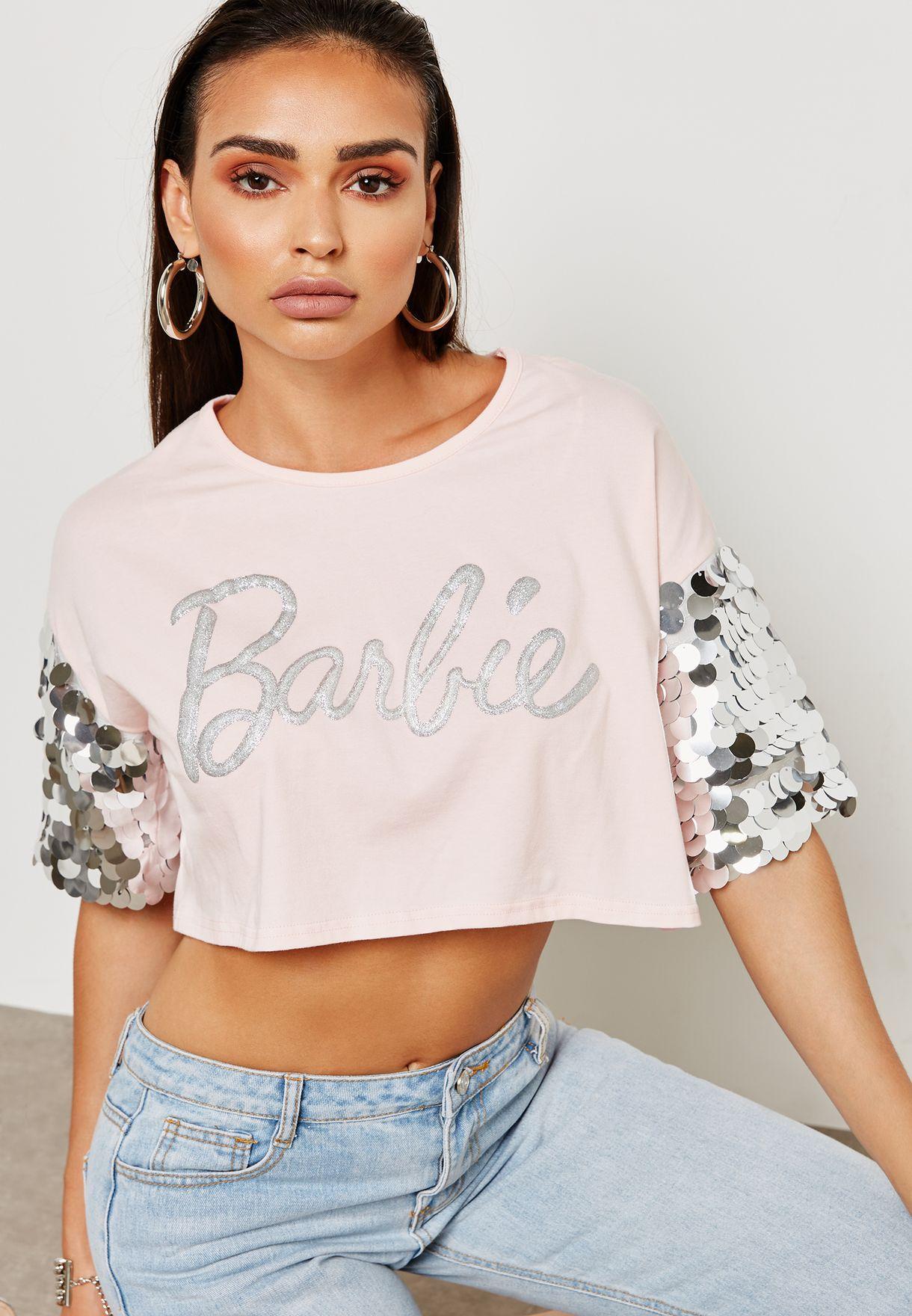 Barbie Glitter Logo - Shop Missguided pink Barbie Glitter Logo Sequin Crop Tshirt TJ419451