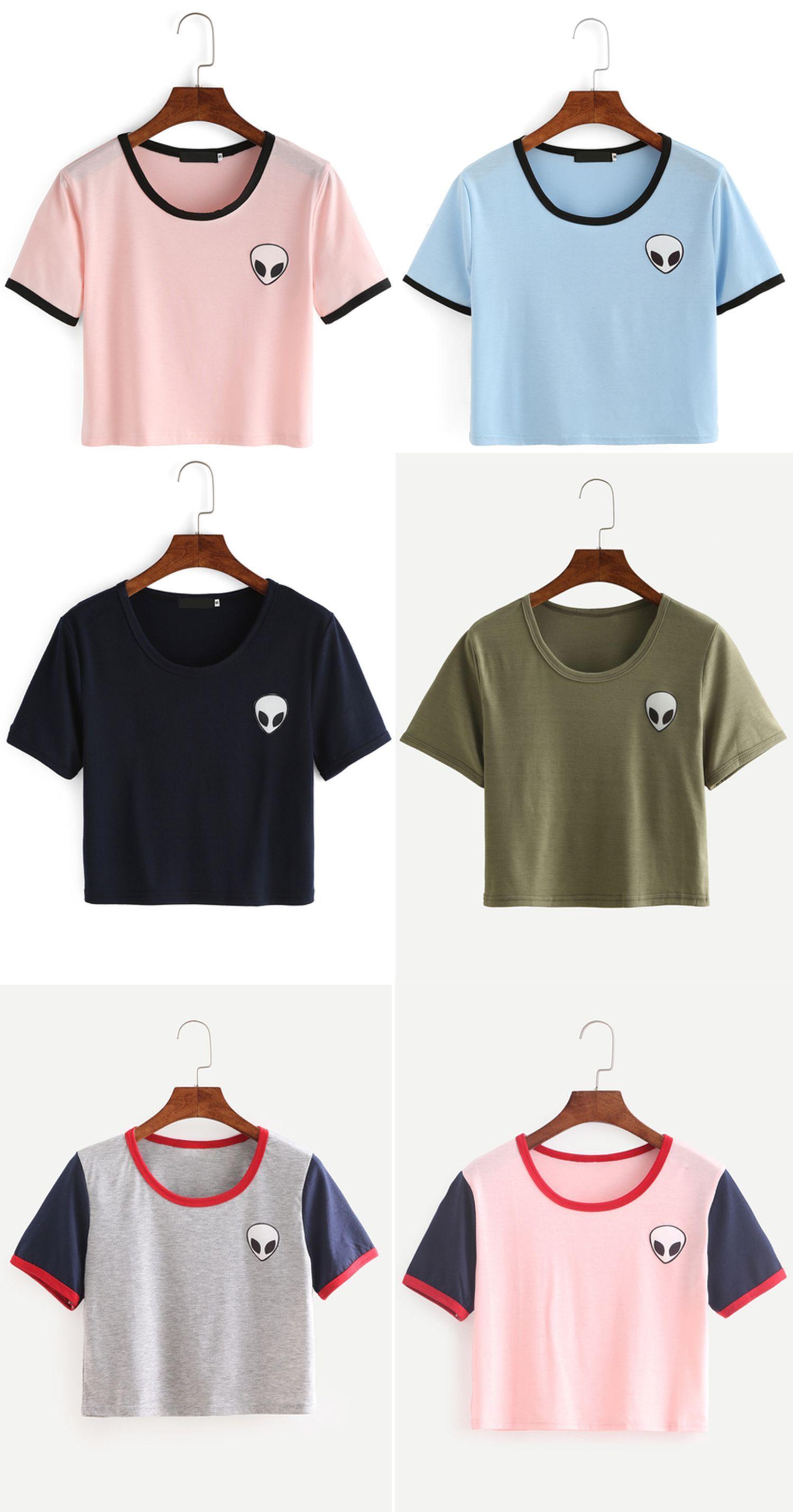 Cute Alien Logo - Crew Neck Alien Print Crop T-Shirt from romwe.com | Things to Wear ...