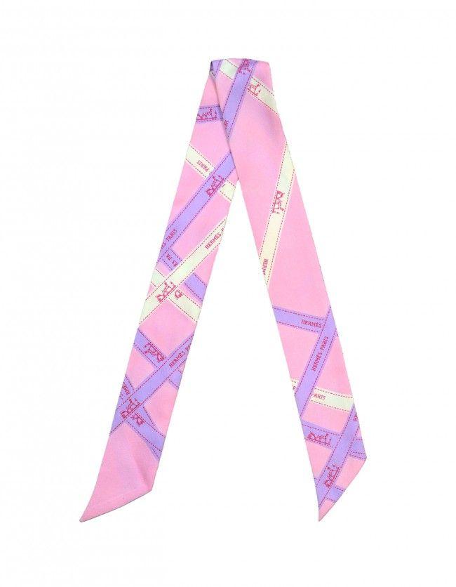 Purple Ribbon Logo - Hermes Pink/Purple Ribbon Logo Print Silk Twilly