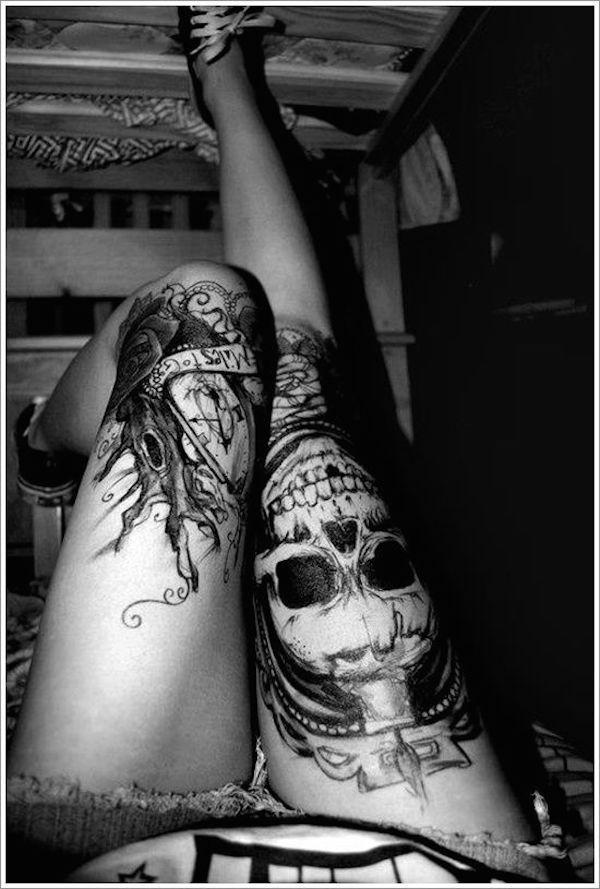 Leg Piece Black and White Logo - 101 Sexiest Thigh Tattoos for Girls