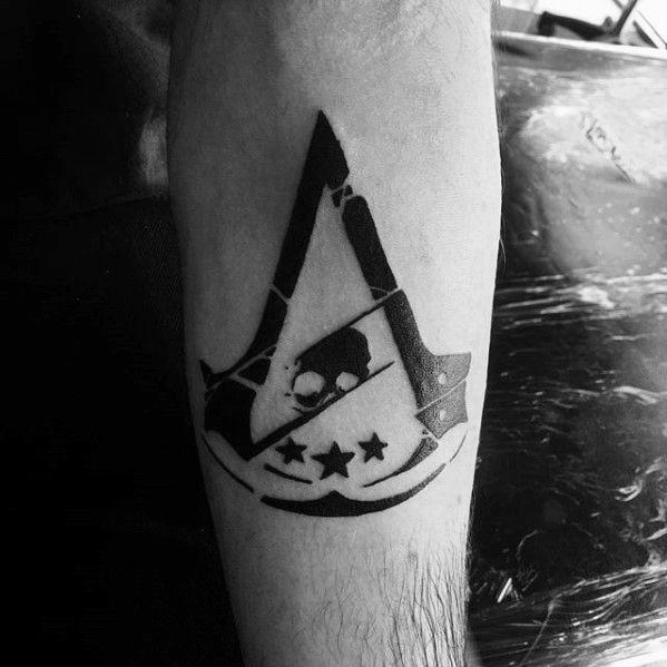 Leg Piece Black and White Logo - 60 Assassins Creed Tattoo Designs For Men - Video Game Ink Ideas