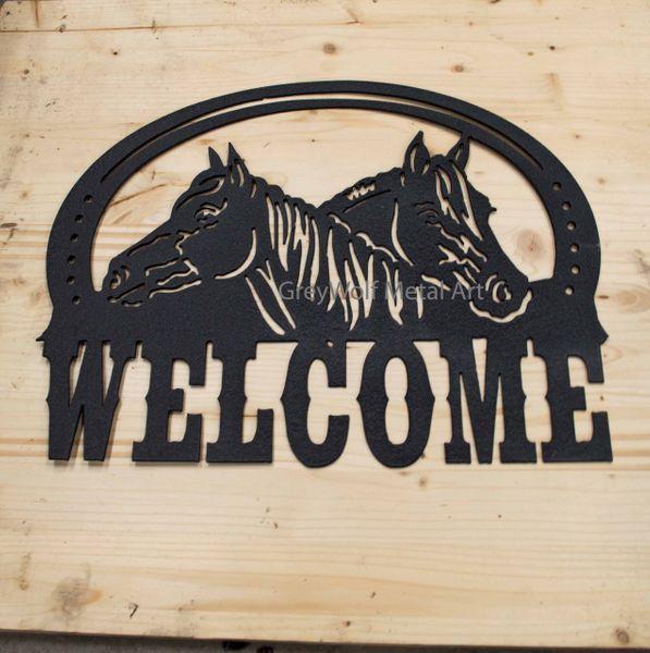 Crossed Horses Logo - Two Horses Crossed Welcome. Twisted Wire Horseshoe Decor GreyWolf