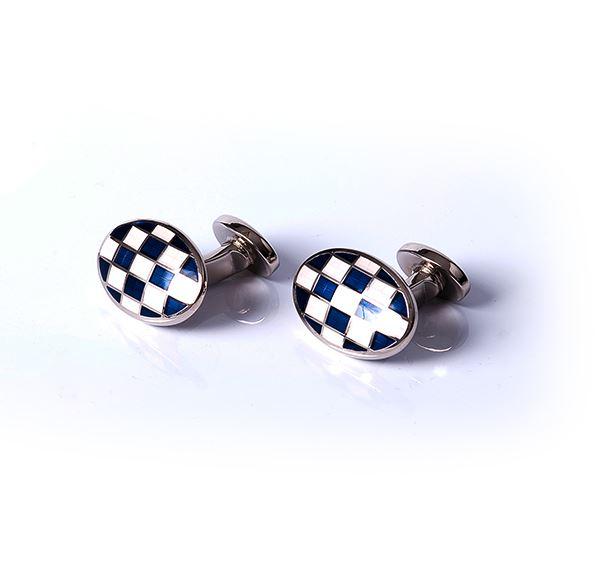 White with Blue Oval Logo - White and Blue Oval Grid Base Metal Cufflinks