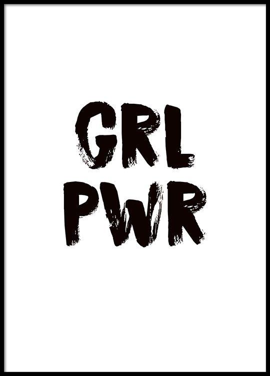 Girl Black and White Logo - Girl Power Poster, Hand Painted Black And White Typographic Print