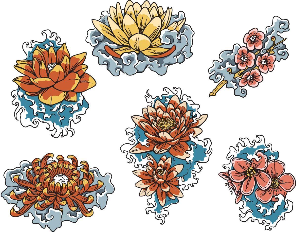 Japanese Flower Logo - Japanese floral lotus decorative set