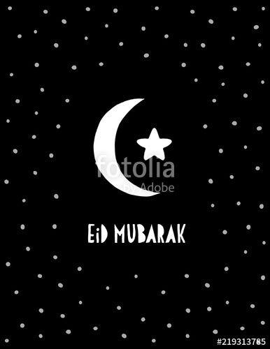 Cute Black and White Star Logo - Eid Mubarak Abstract Hand Drawn Vector Card. Black Background