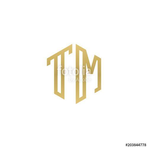 Hexagon Shape Logo - Initial letter TM, minimalist line art hexagon shape logo, gold