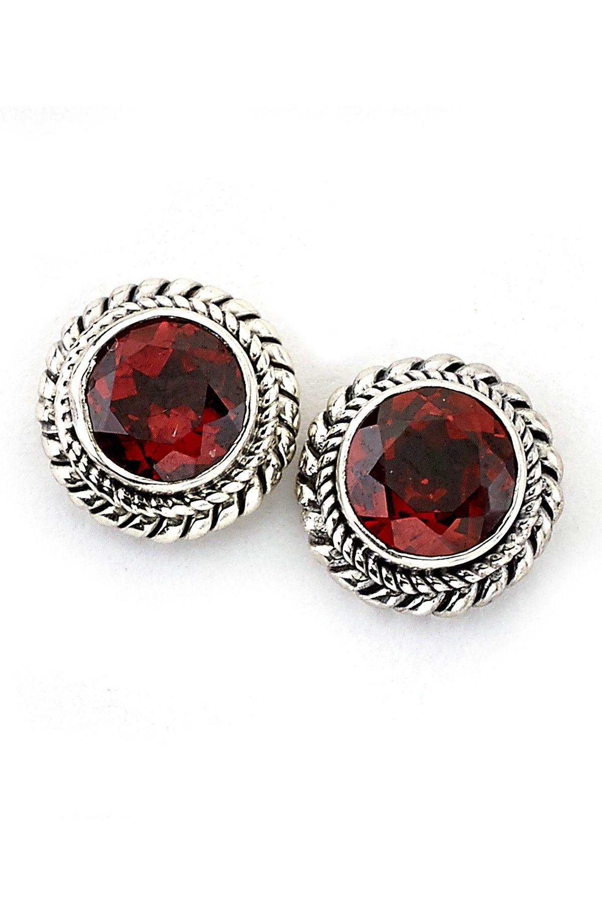 Red and Silver Round Logo - Samuel B Jewelry Sterling Silver Round Garnet Stud Earrings SILVER-RED