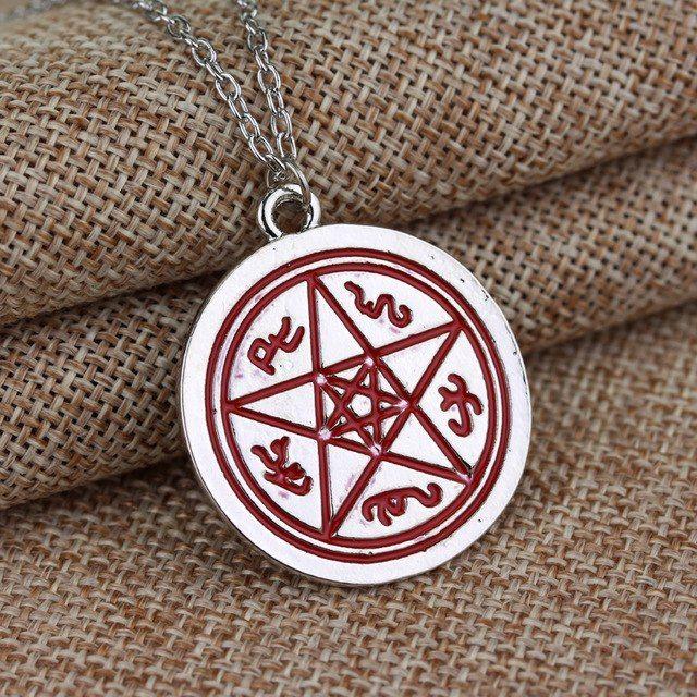 Red and Silver Round Logo - Movie Jewelry Supernatural Necklace Silver Round Coin Red Star ...