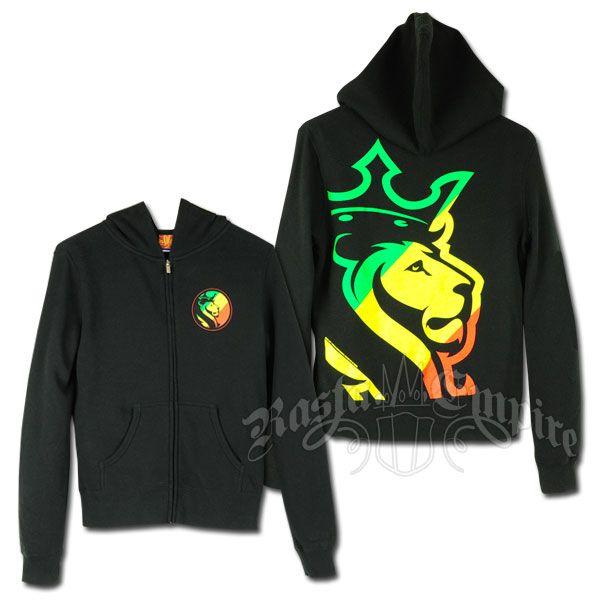 Clothing with Lion Logo - Rasta Striped Lion Logo Black Hoodie - Women's @ RastaEmpire.com