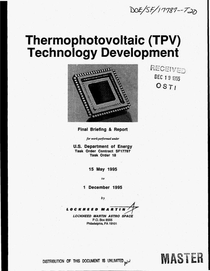 TPV Technology Logo - Thermophotovoltaic (TPV) technology development. Final report, May ...