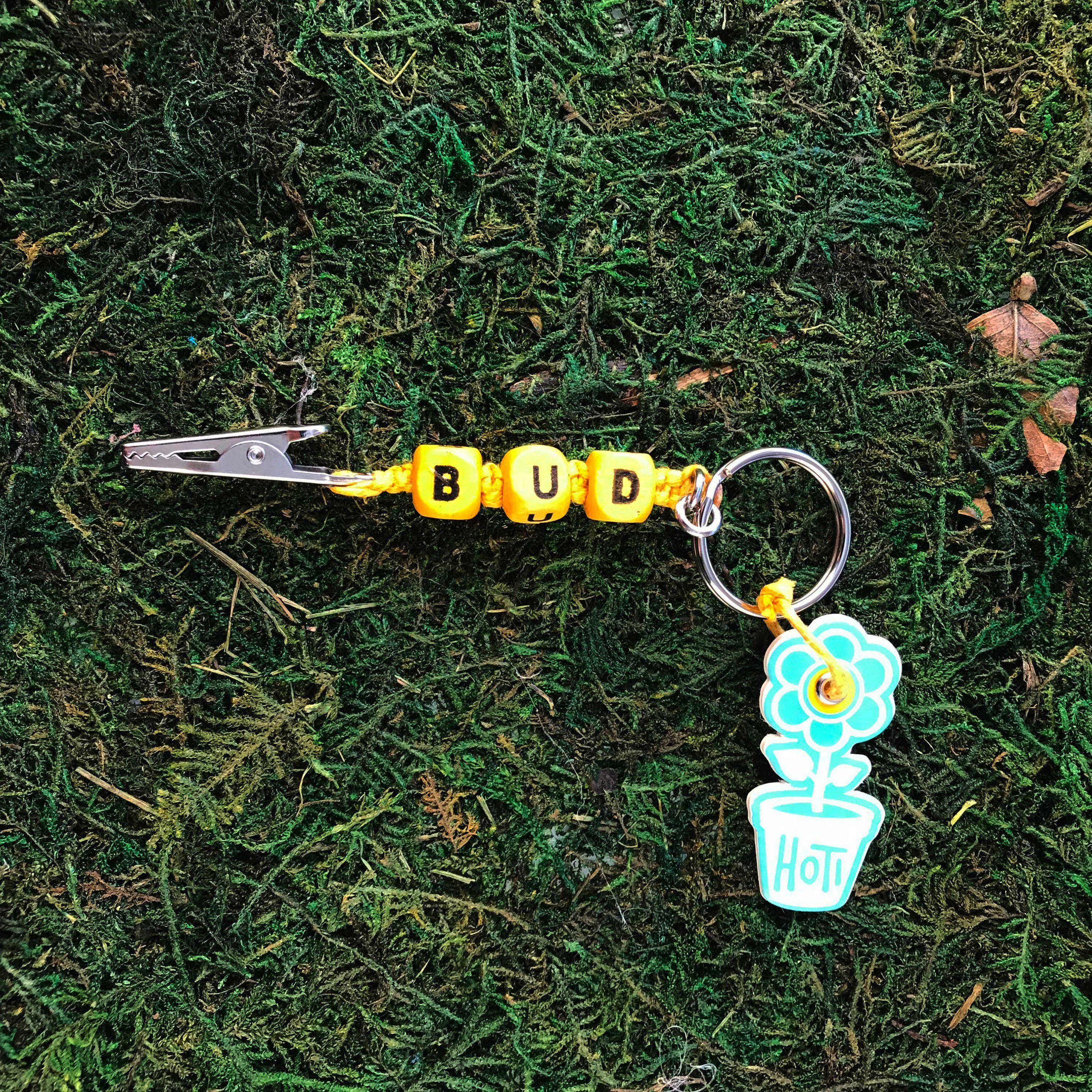 Yellow Bud Logo - BUD Roach Clip Yellow Hemp Wood Beaded Keychain HOTI Handmade Key ...