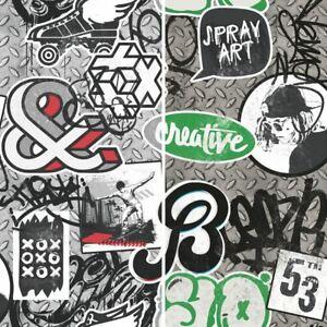 Graffiti Skateboarding Logo - Muriva Scrap Metal Graffiti Pattern Wallpaper Skater Iron Paint ...