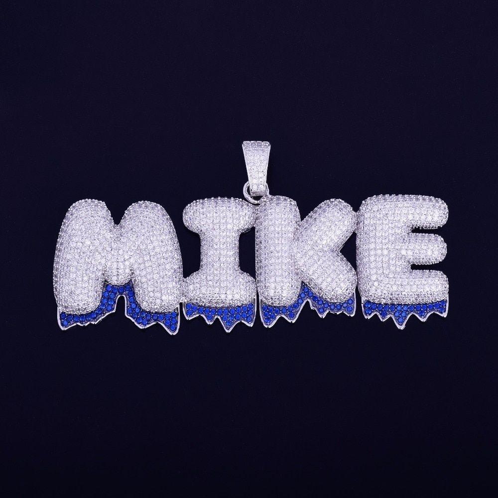 Drip Letter in Logo - Iced Out Lab Diamond Custom Name Blue Drip Bubble Letters Pendants