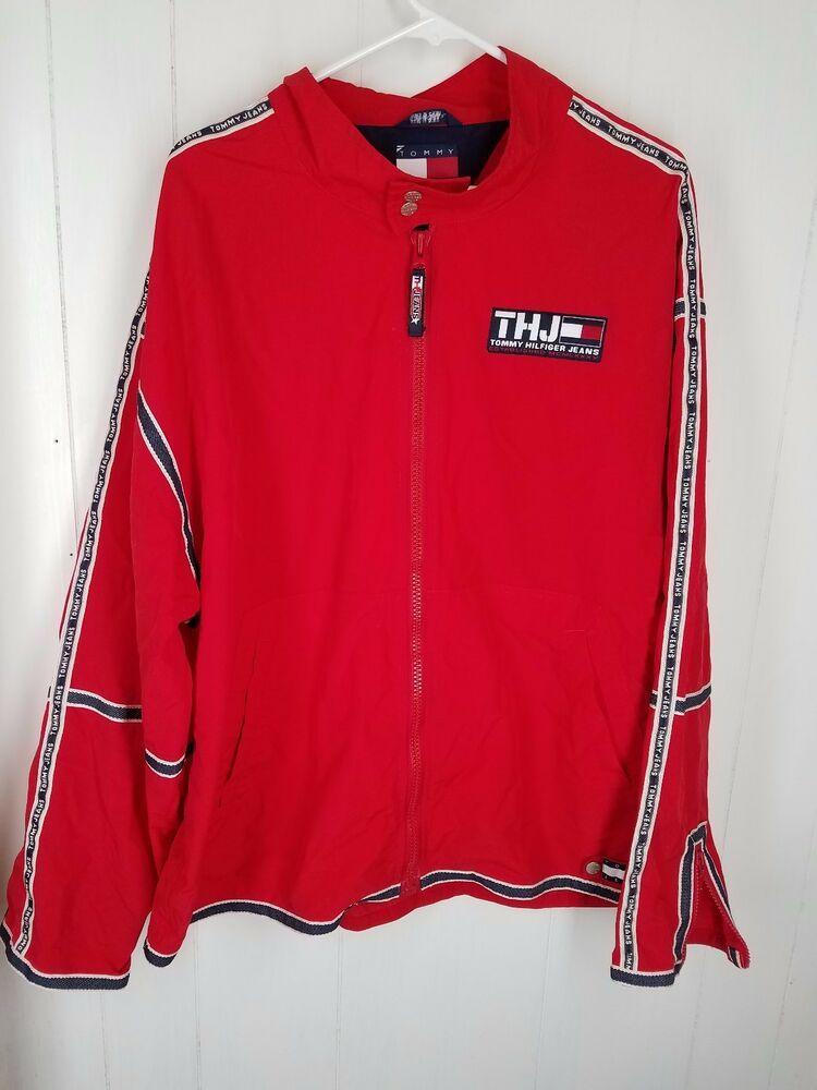 Red Striped Y Logo - Tommy Hilfiger Jeans Jacket size XL mens red striped windbreaker vtg
