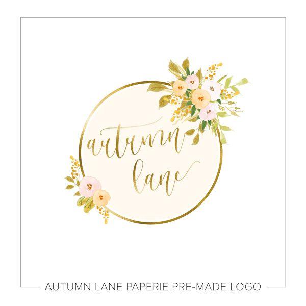 Gold Flower Logo - Gold Foil Circle with Watercolor & Autumn Flowers Logo. Autumn Lane
