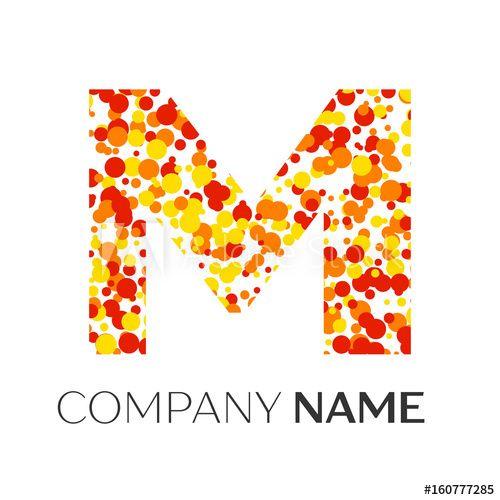 White and Orange Dots Logo - Letter M logo with orange, yellow, red particles and bubbles dots