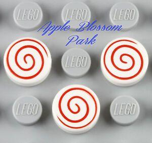Gray and Red Swirl Logo - NEW Lot 3 Lego Minifig CANDY 1x1 Round WHITE FLAT TILE Food W Red