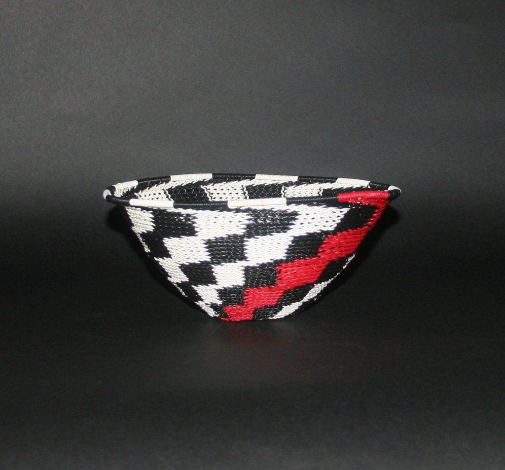 Gray and Red Swirl Logo - African Telephone Wire Bowl Zulu Basket White Black Red Swirl.5