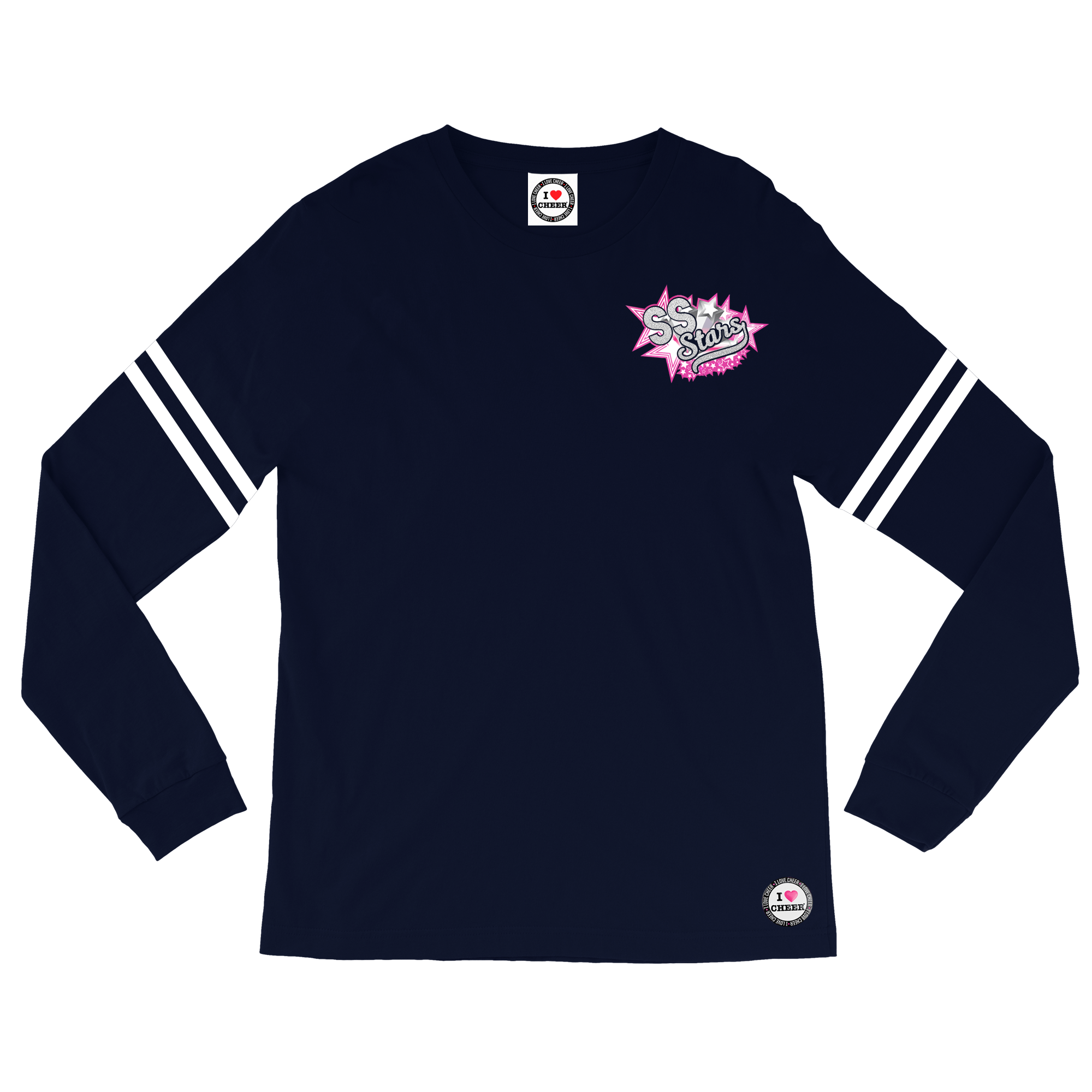 Blue and White Stripe Brand Logo - Navy Blue/White Stripes SS Stars I Love Cheer® Glitter Spirit Jersey ...