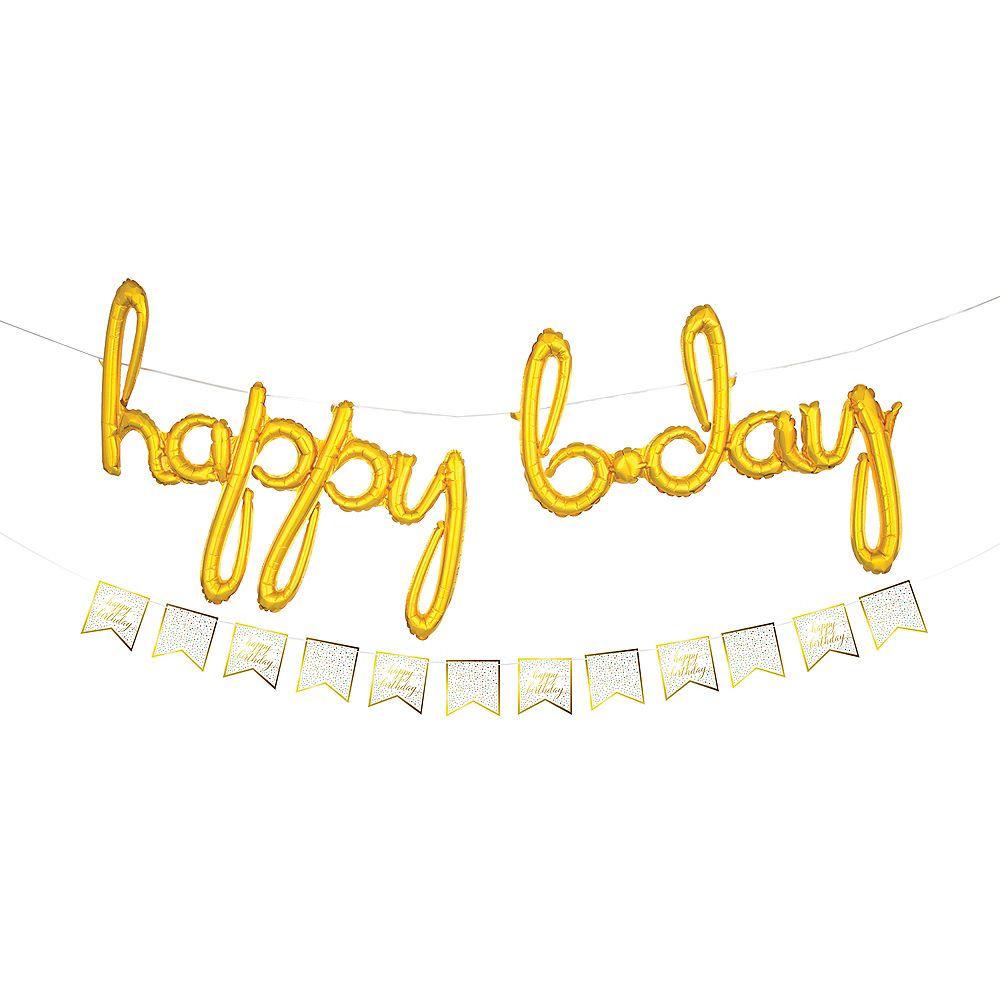 Gold Cursive Letter Logo - Air Filled Gold Happy Bday Cursive Letter Balloons With Pennant