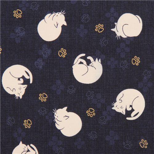 Asian Print Blue Paw Logo - blue cat paw Asia fabric with gold metallic print from Japan ...