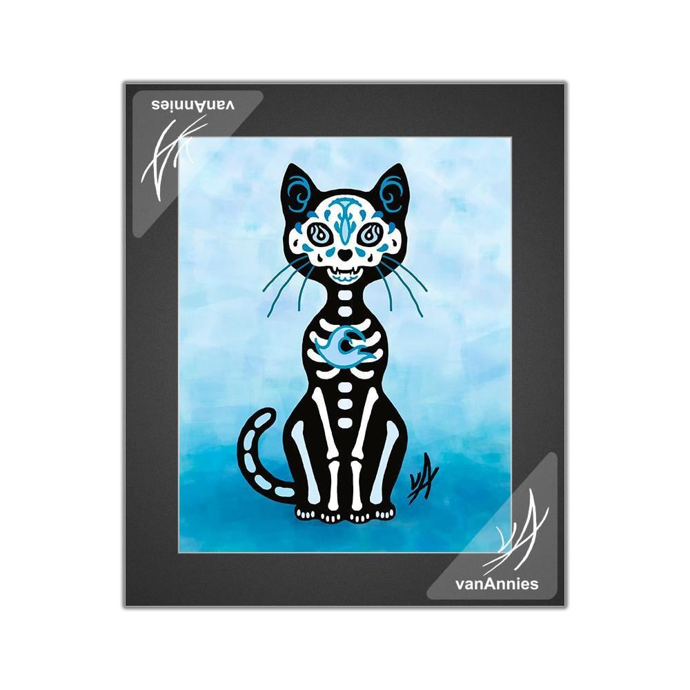Asian Print Blue Paw Logo - Gato Azul (Dia de los Muertos Blue Cat) Matted Print - Chaos in Color