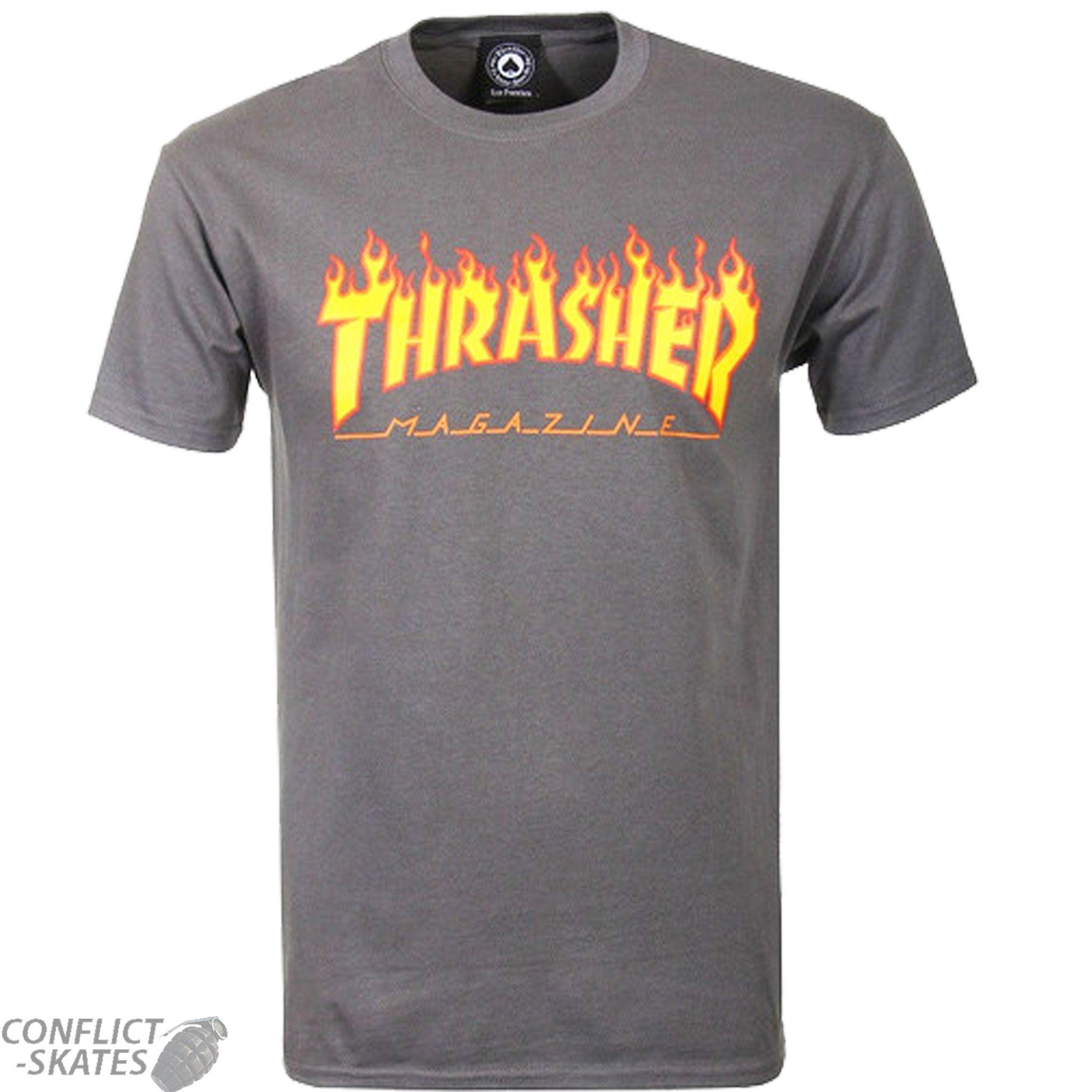 Thrasher Magazine Flames Skateboard Logo - THRASHER MAGAZINE Flame Logo Skateboard T Shirt Charcoal Grey S M L