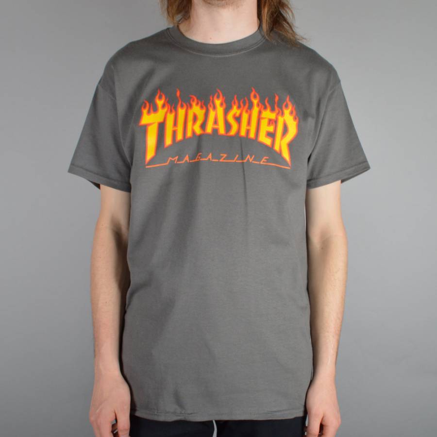 Thrasher Magazine Flames Skateboard Logo - Thrasher Magazine Flame Logo T Shirt Grey. Black Jack Shop