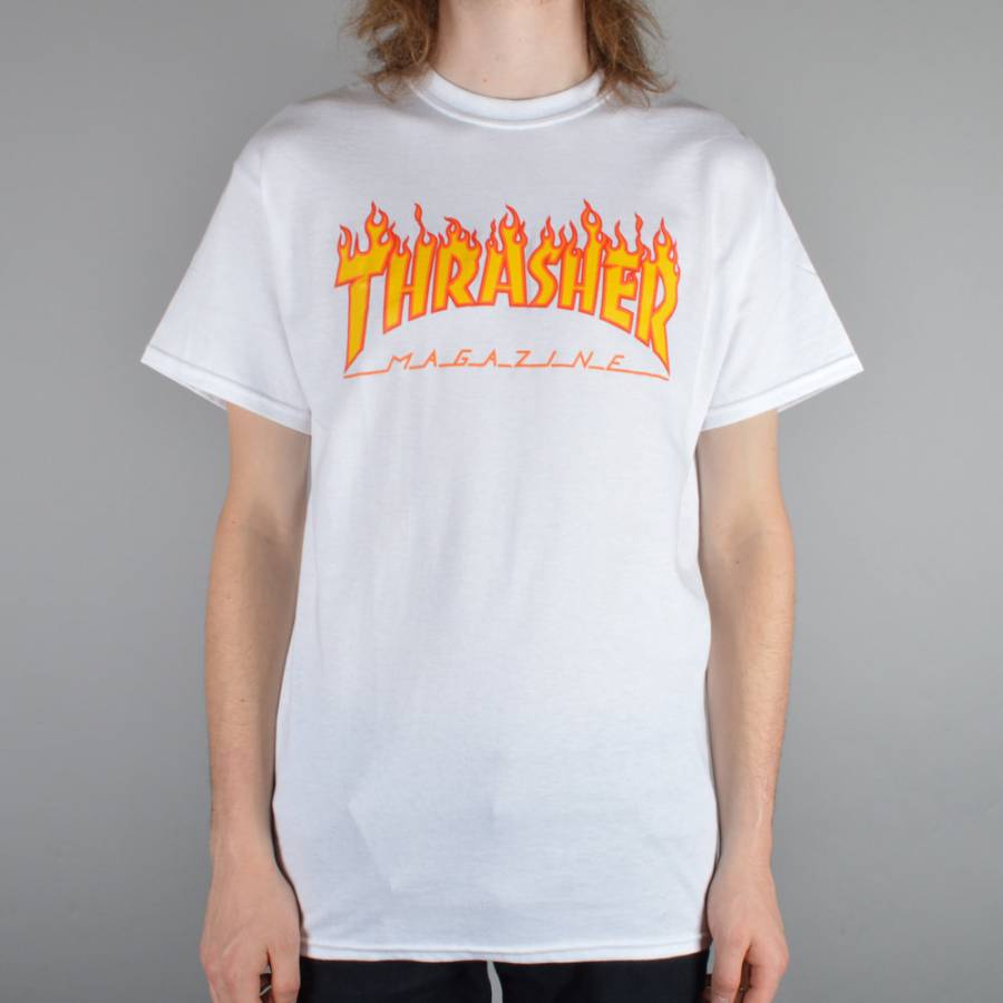 Thrasher Magazine Flames Skateboard Logo - Thrasher Magazine Flame Logo T-Shirt White | Black Jack Shop