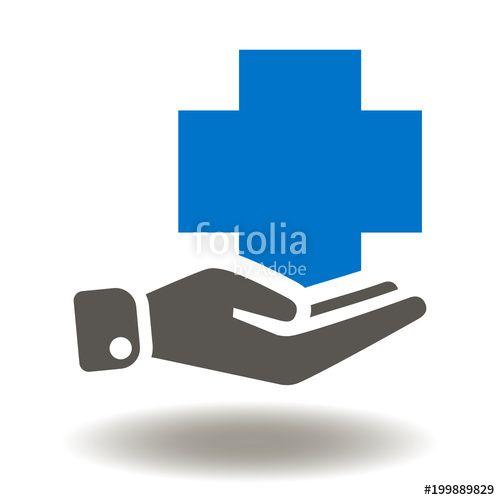 Blue Medical Cross Logo - Hand offers medical cross icon. Health Plus Vector Sign. Medicine